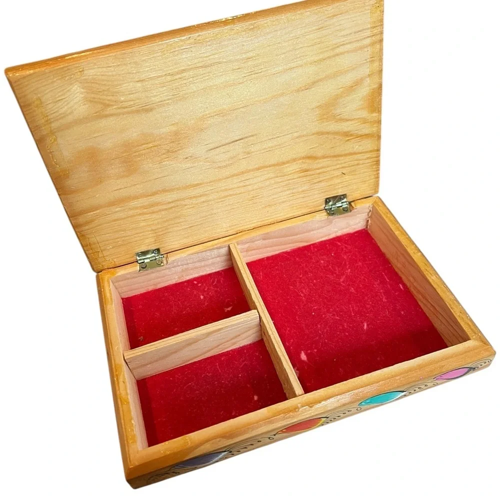 Vintage Wooden Jewelry Trinket Box Hand-painted Mexico Boho